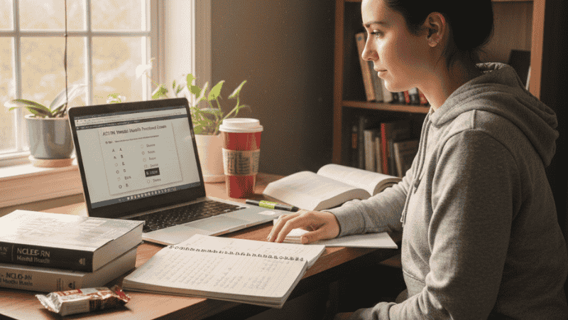 “Nursing student studying ATI RN Mental Health Online Practice 2023 A on a laptop with notes and textbooks”