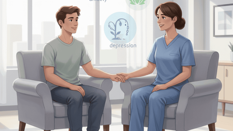 “Nurse practicing mental health care concepts, including anxiety and depression, in a supportive clinical setting”