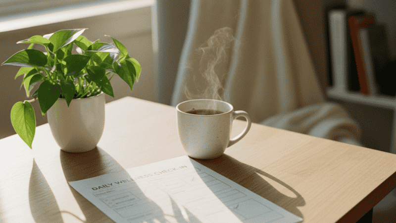 Mental health check-in worksheet placed on desk as part of a self-care routine