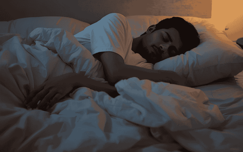 Person sleeping peacefully in a calm bedroom environment supporting mental health.
